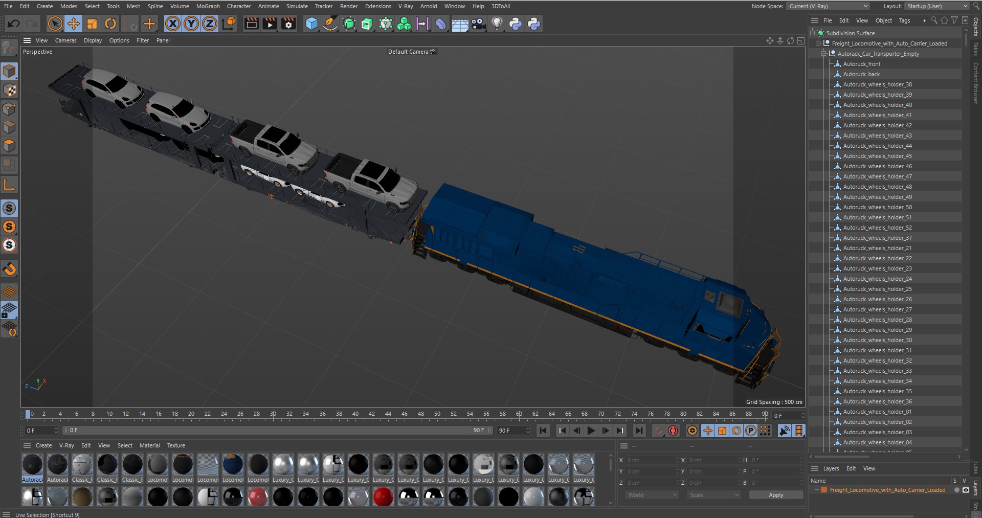 3D Freight Locomotive with Auto Carrier Loaded model