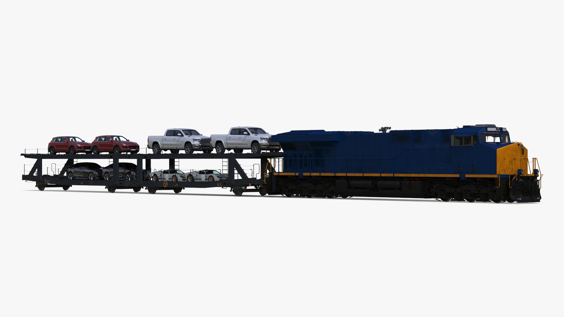 3D Freight Locomotive with Auto Carrier Loaded model