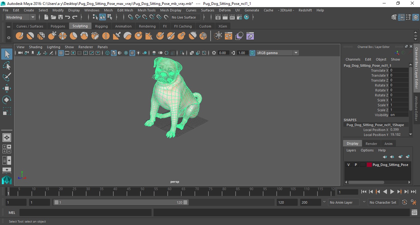 3D model Pug Dog Sitting Pose