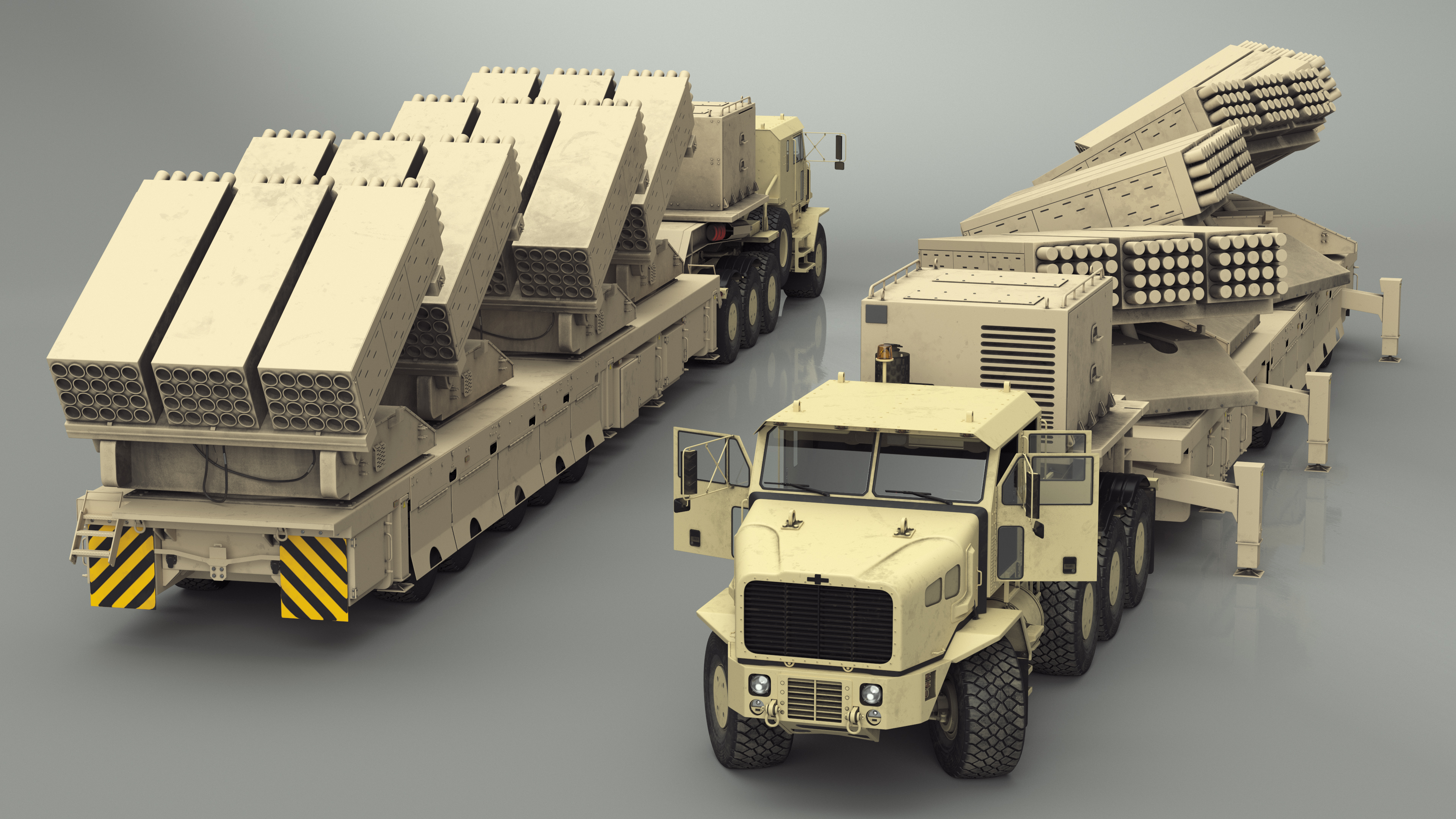Rocket Launch System Jobaria with Oshkosh Transporter Sand Rigged for Maya 3D model