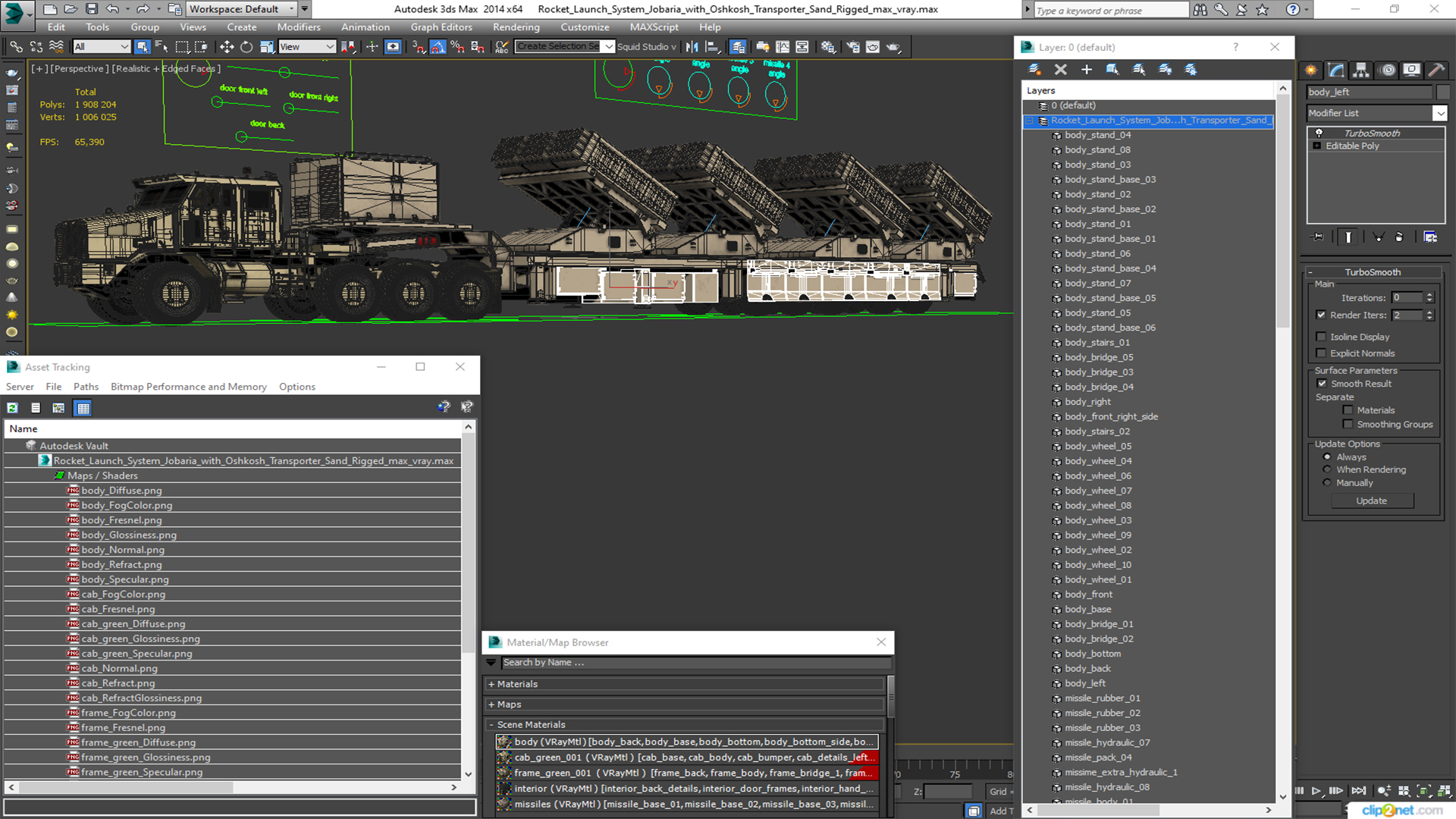 Rocket Launch System Jobaria with Oshkosh Transporter Sand Rigged for Maya 3D model