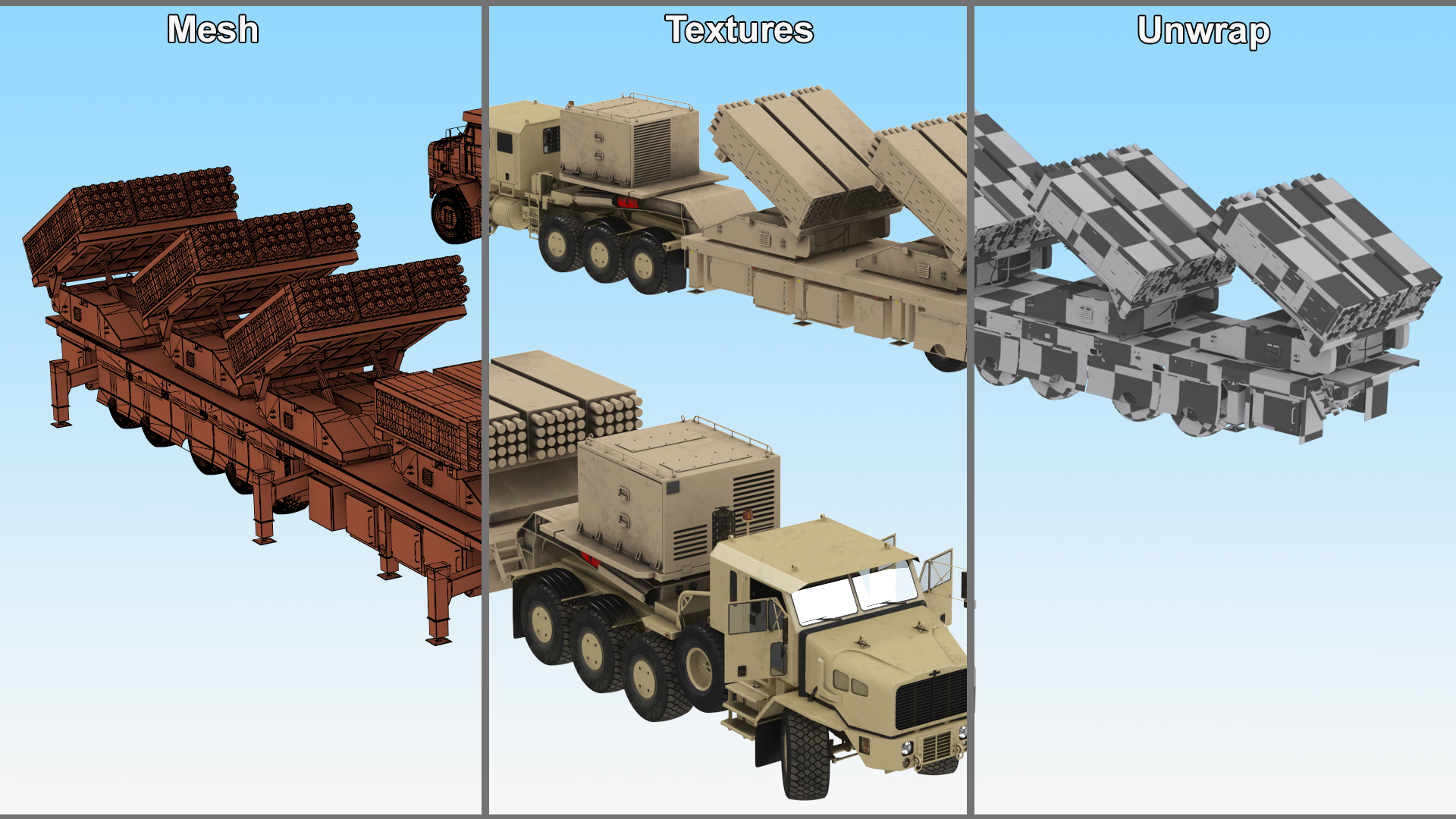 Rocket Launch System Jobaria with Oshkosh Transporter Sand Rigged for Maya 3D model