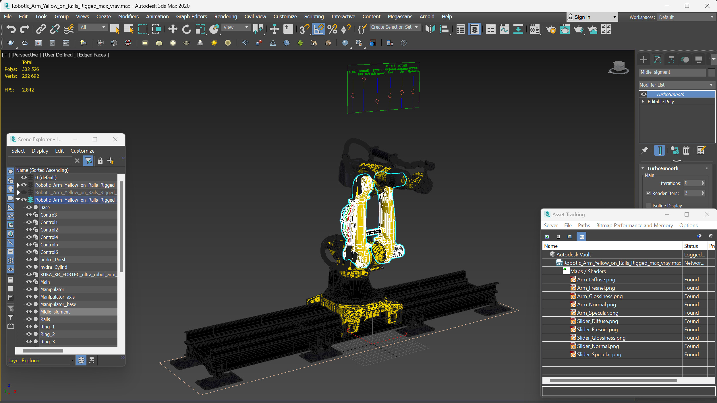 Robotic Arm Yellow on Rails Rigged 3D model