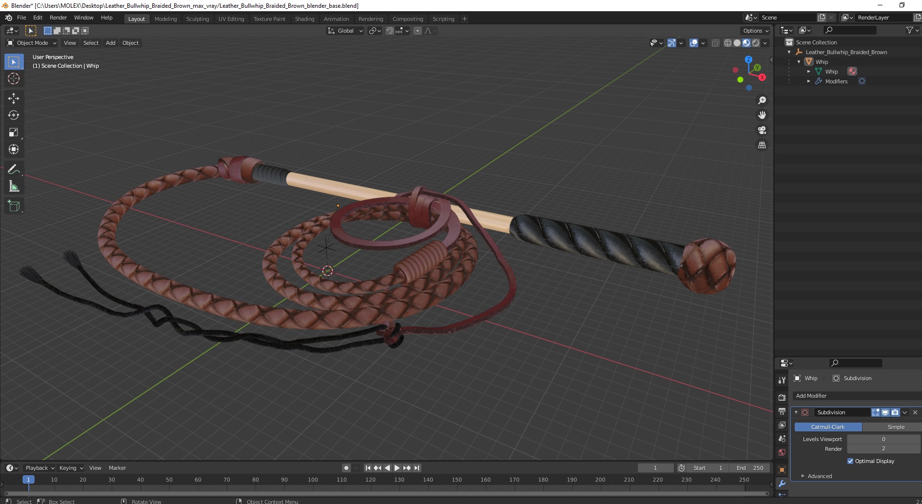 3D model Leather Bullwhip Braided Brown