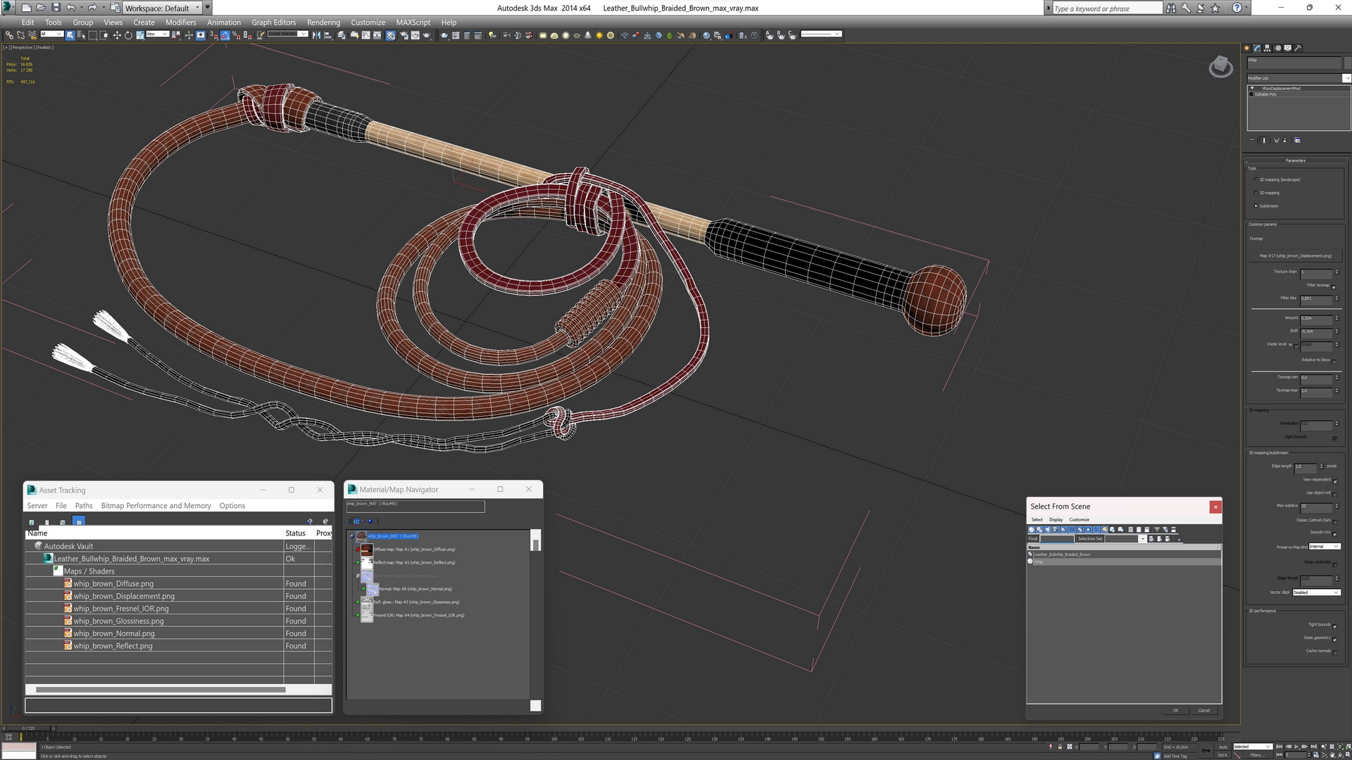 3D model Leather Bullwhip Braided Brown