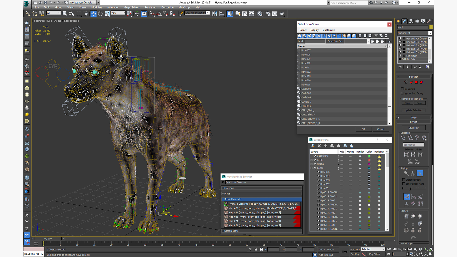 3D Hyena Fur Rigged