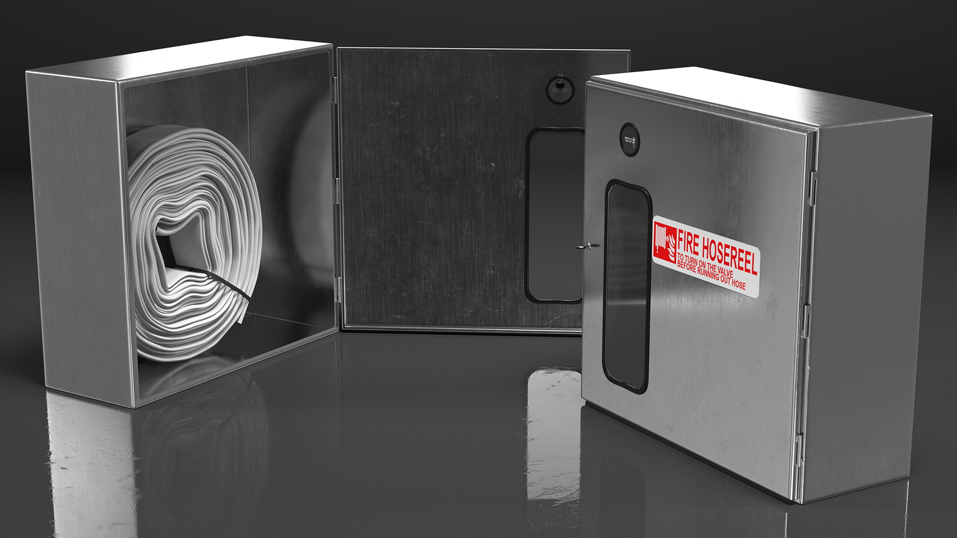 Fire Hose Reel Stainless Steel Cabinet Set 3D