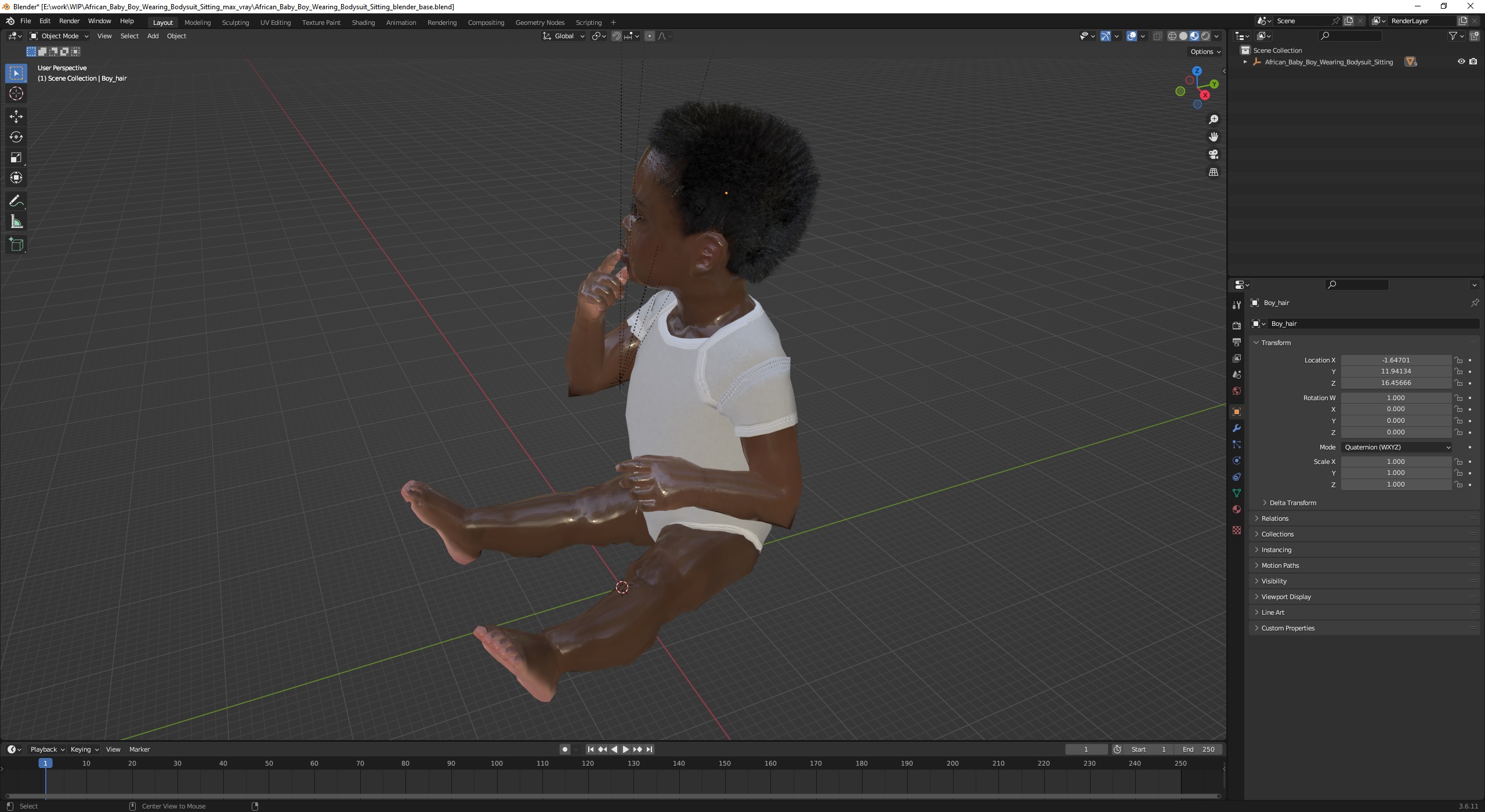 3D African Baby Boy Wearing Bodysuit Sitting
