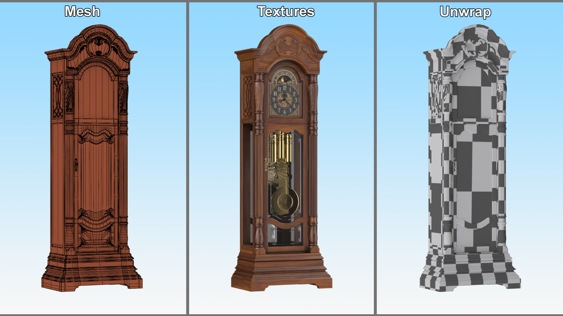 Antique Grandfather Clock with Pendulum 3D model