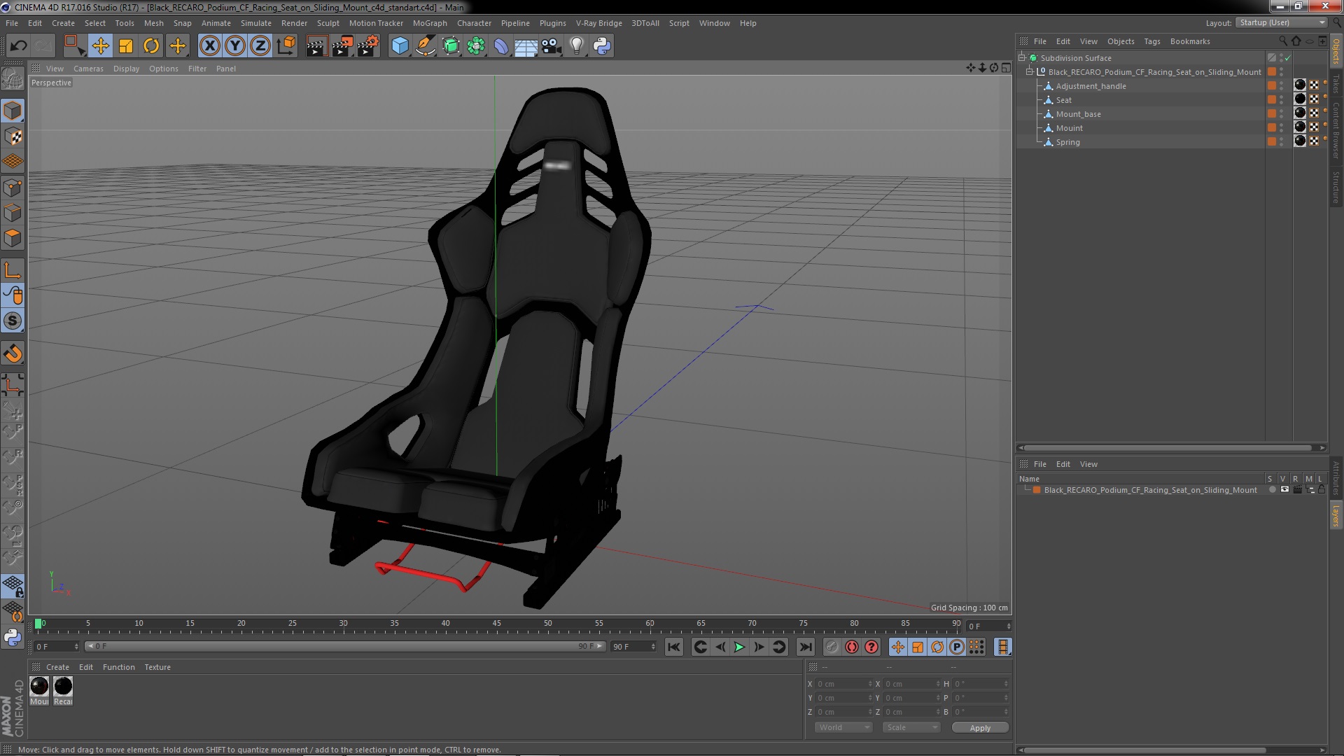 3D Black RECARO Podium CF Racing Seat on Sliding Mount