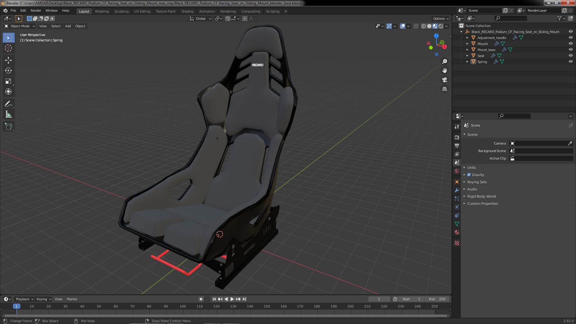 3D Black RECARO Podium CF Racing Seat on Sliding Mount