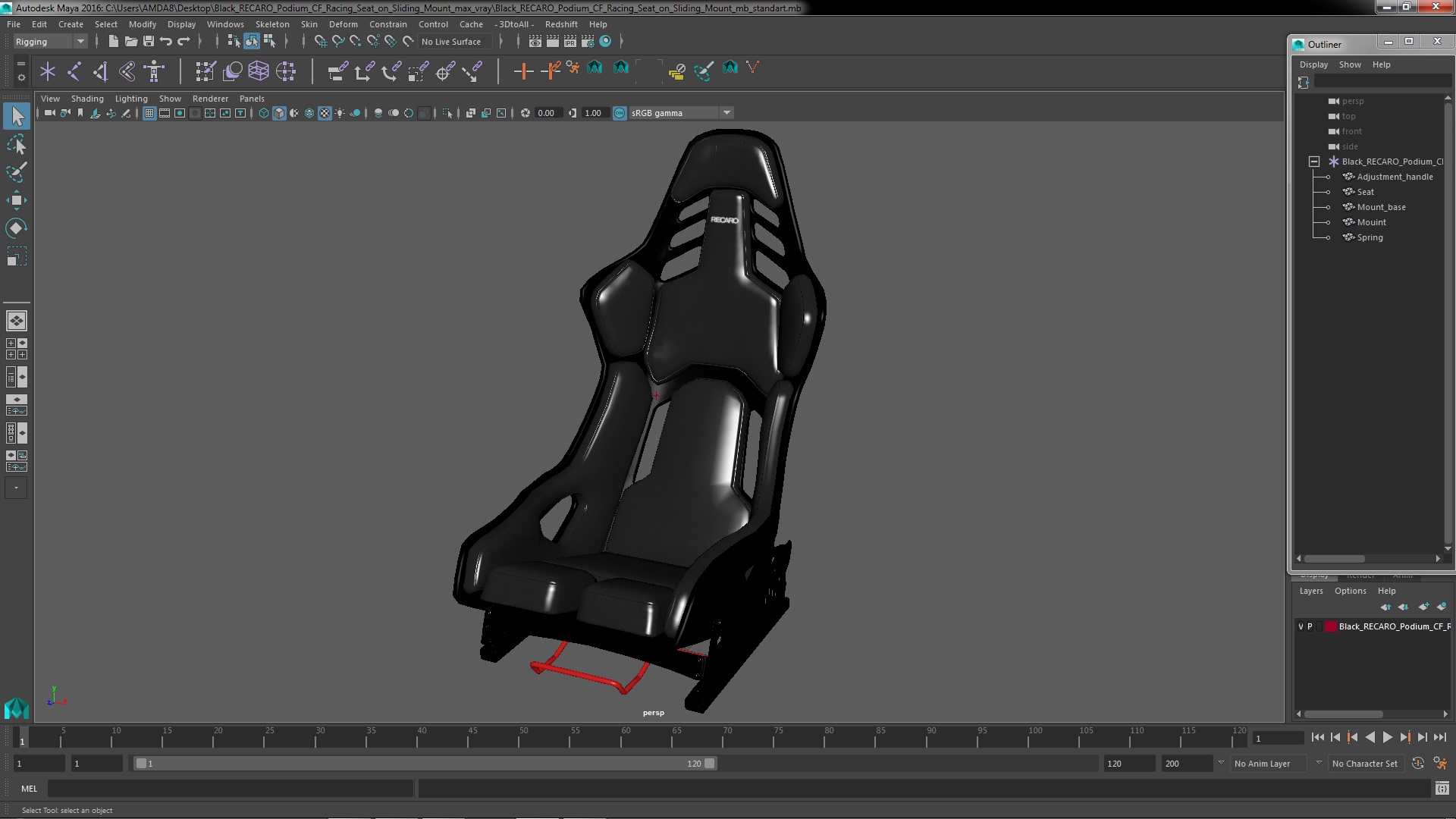 3D Black RECARO Podium CF Racing Seat on Sliding Mount