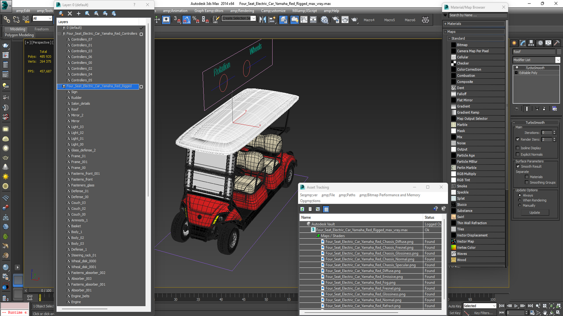 Four Seat Electric Car Yamaha Red Rigged for Maya 3D model