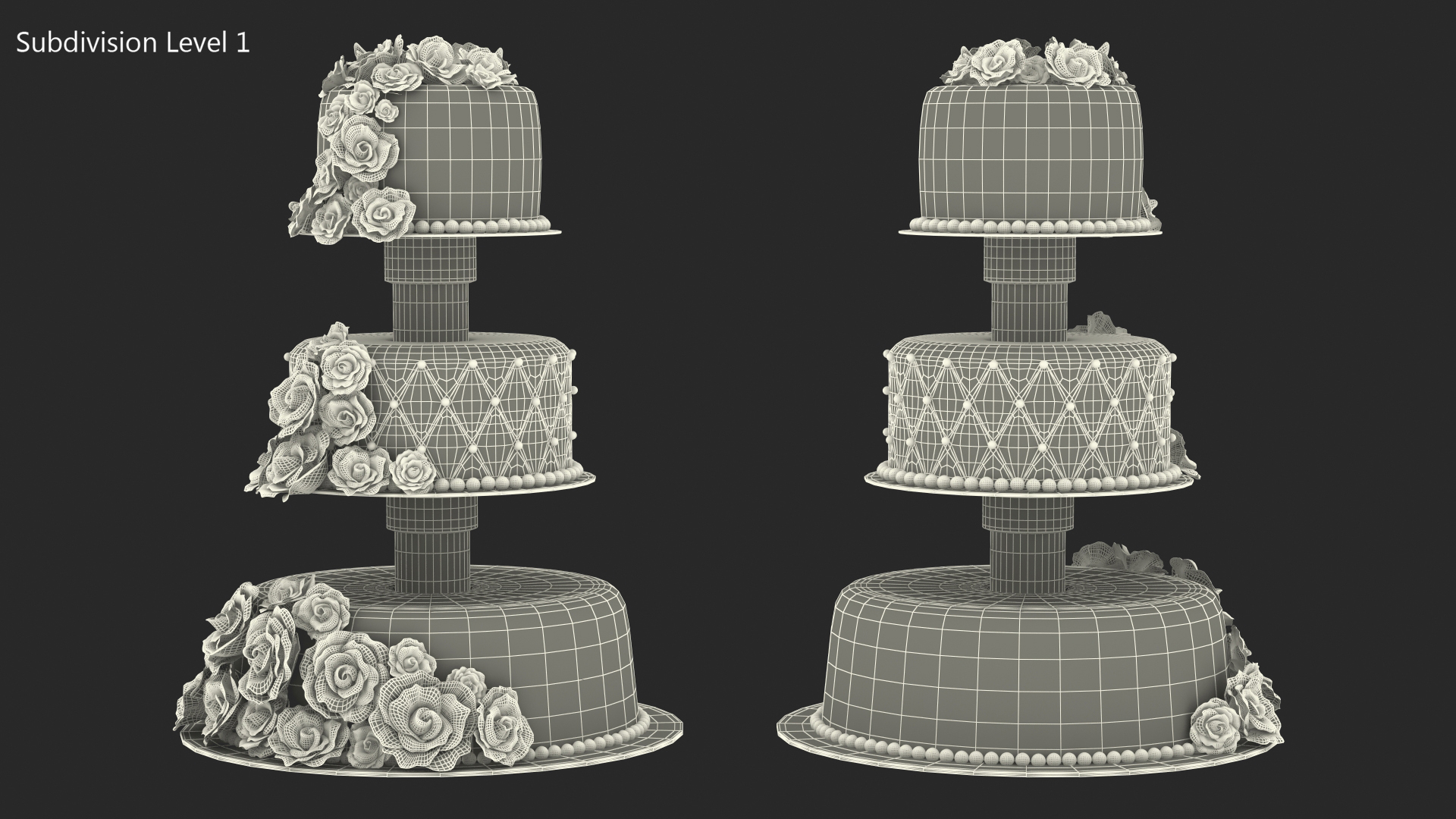 3D model White Three Tier Wedding Cake with Roses