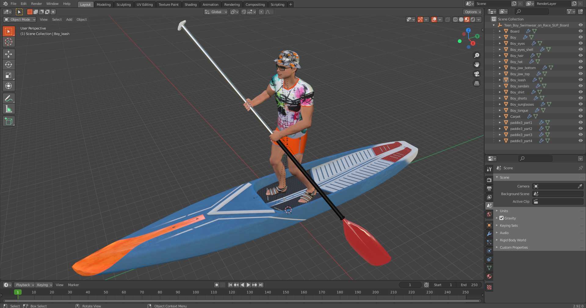 3D model Teen Boy Swimwear on Race SUP Board