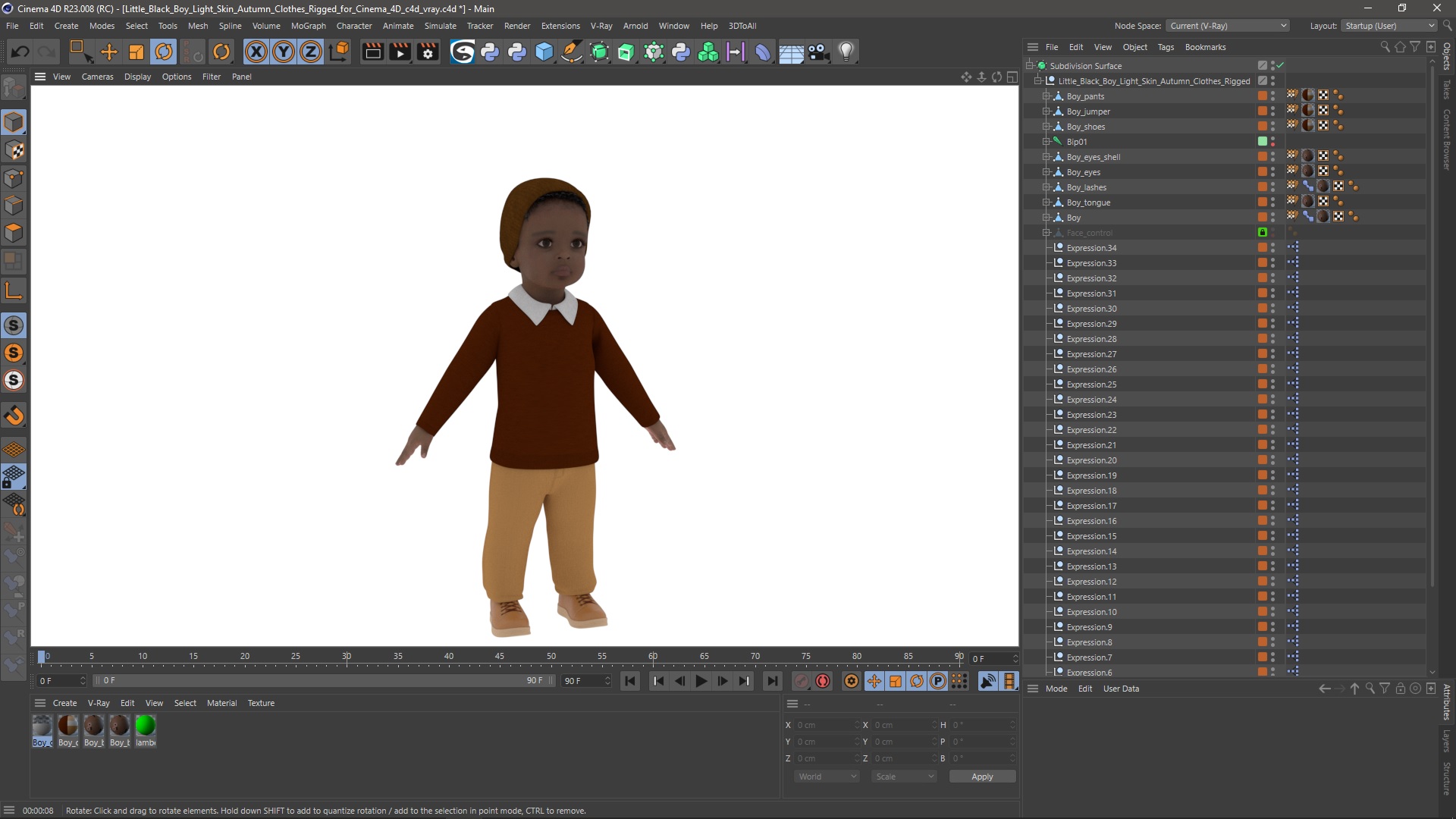 3D Little Black Boy Light Skin Autumn Clothes Rigged for Cinema 4D model