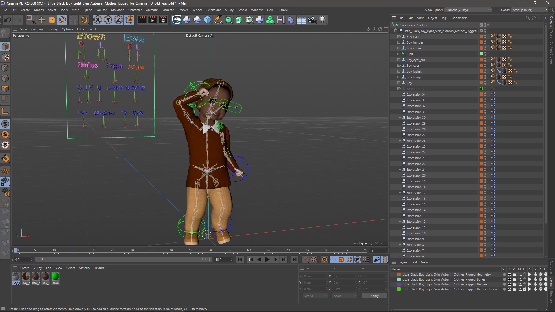 3D Little Black Boy Light Skin Autumn Clothes Rigged for Cinema 4D model