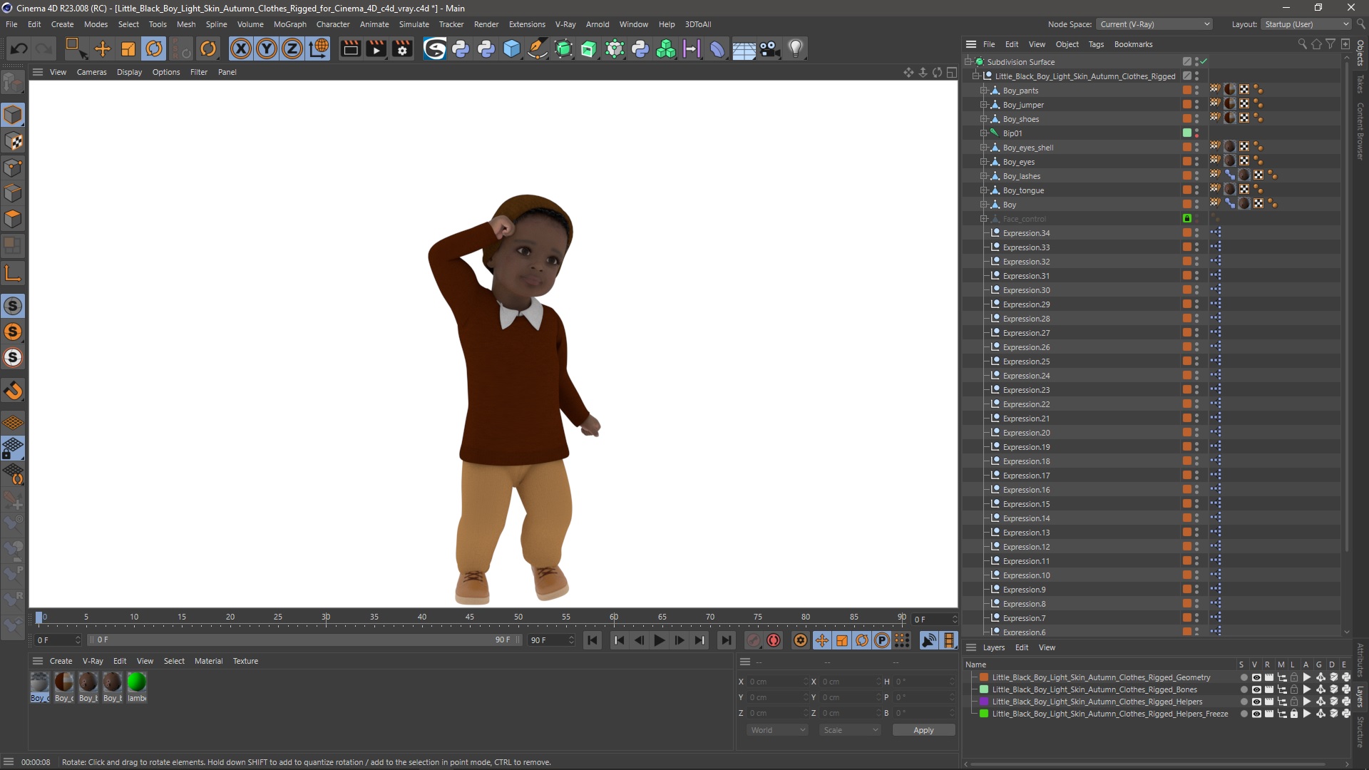 3D Little Black Boy Light Skin Autumn Clothes Rigged for Cinema 4D model