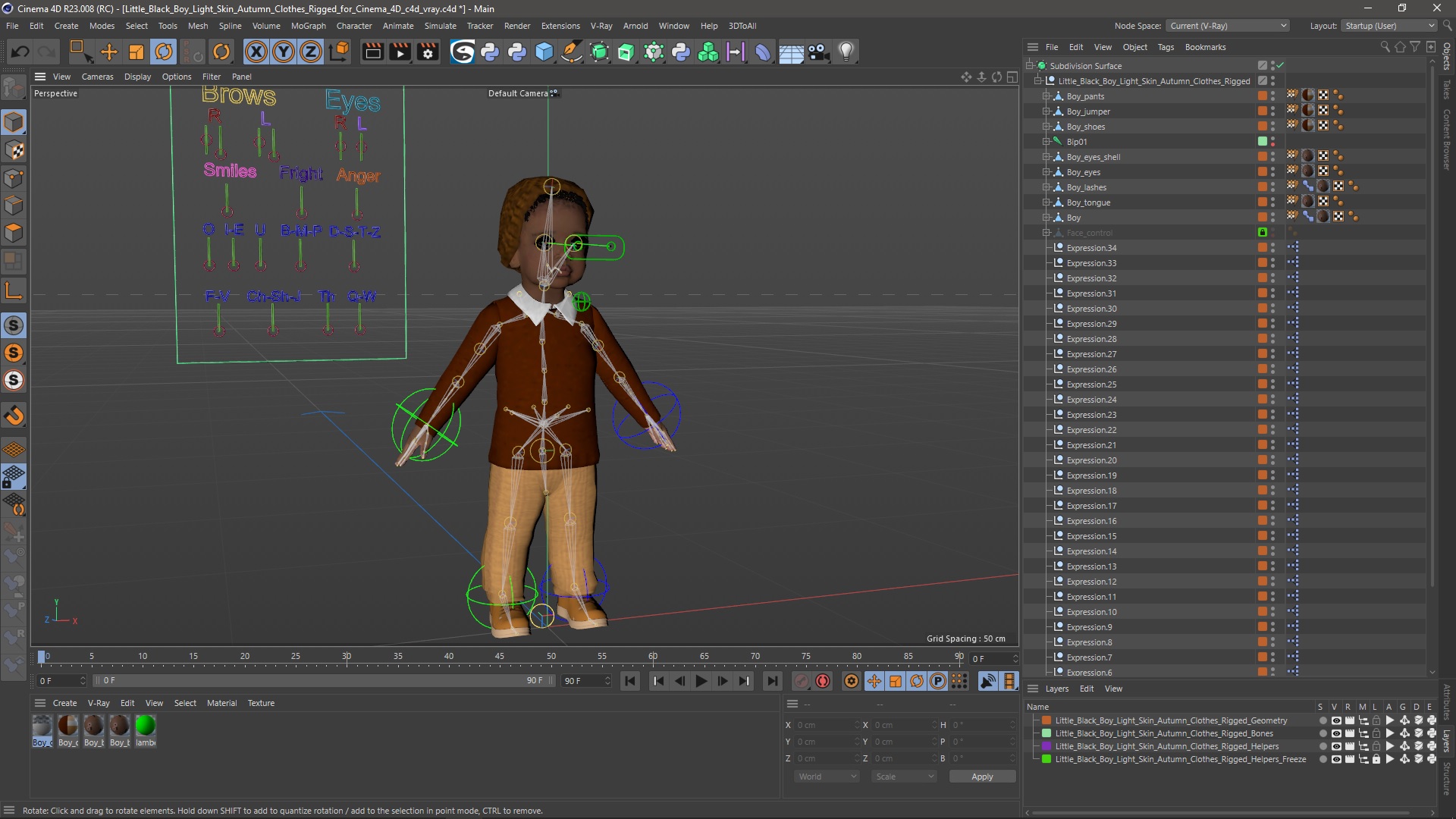 3D Little Black Boy Light Skin Autumn Clothes Rigged for Cinema 4D model