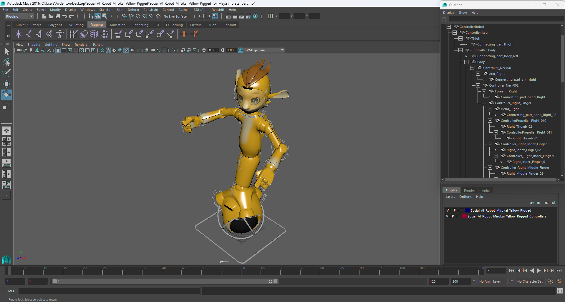 3D Mirokai Robot Yellow Rigged for Maya