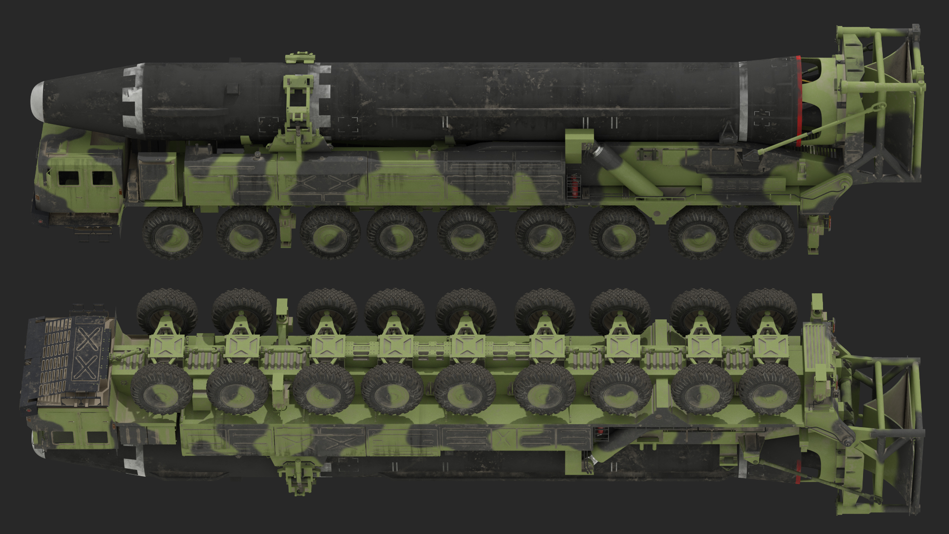 3D Transporter Erector Vehicle Hwasong-15 with Intercontinental Ballistic Missile Dirty Rigged