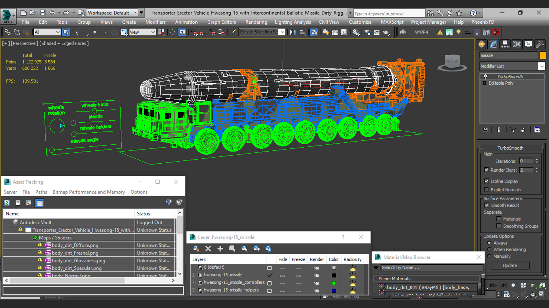 3D Transporter Erector Vehicle Hwasong-15 with Intercontinental Ballistic Missile Dirty Rigged