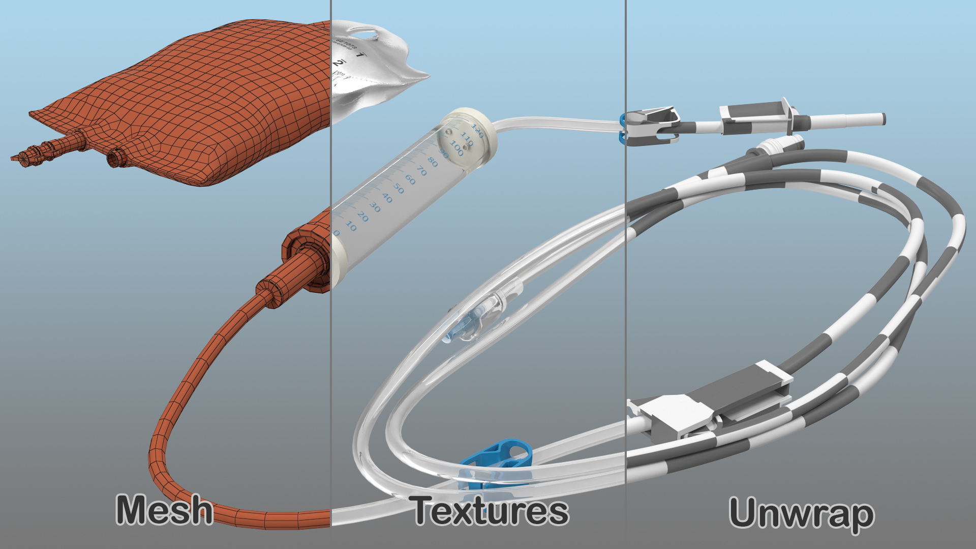 3D model IV Fluid Solution Bag and Rolled Dropper