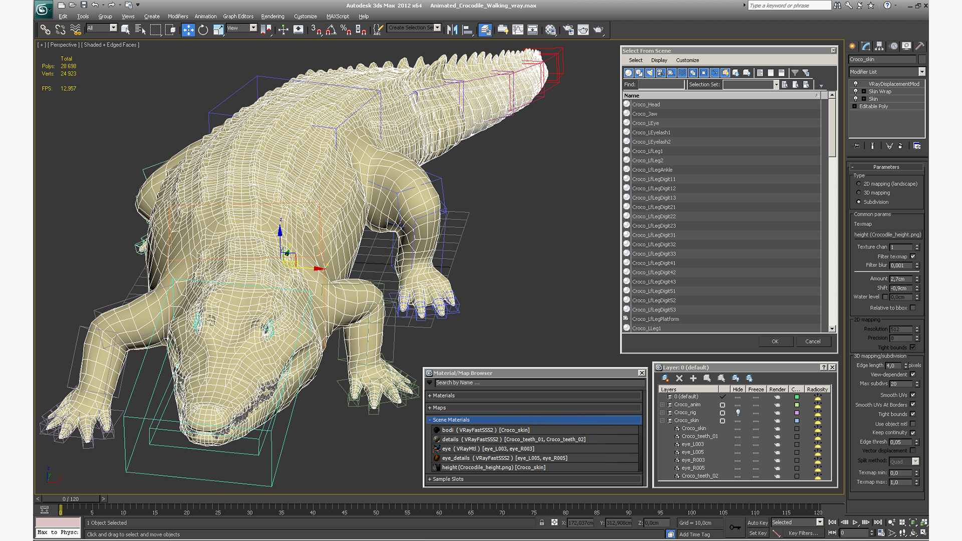 3D Animated Crocodile Walking Rigged model