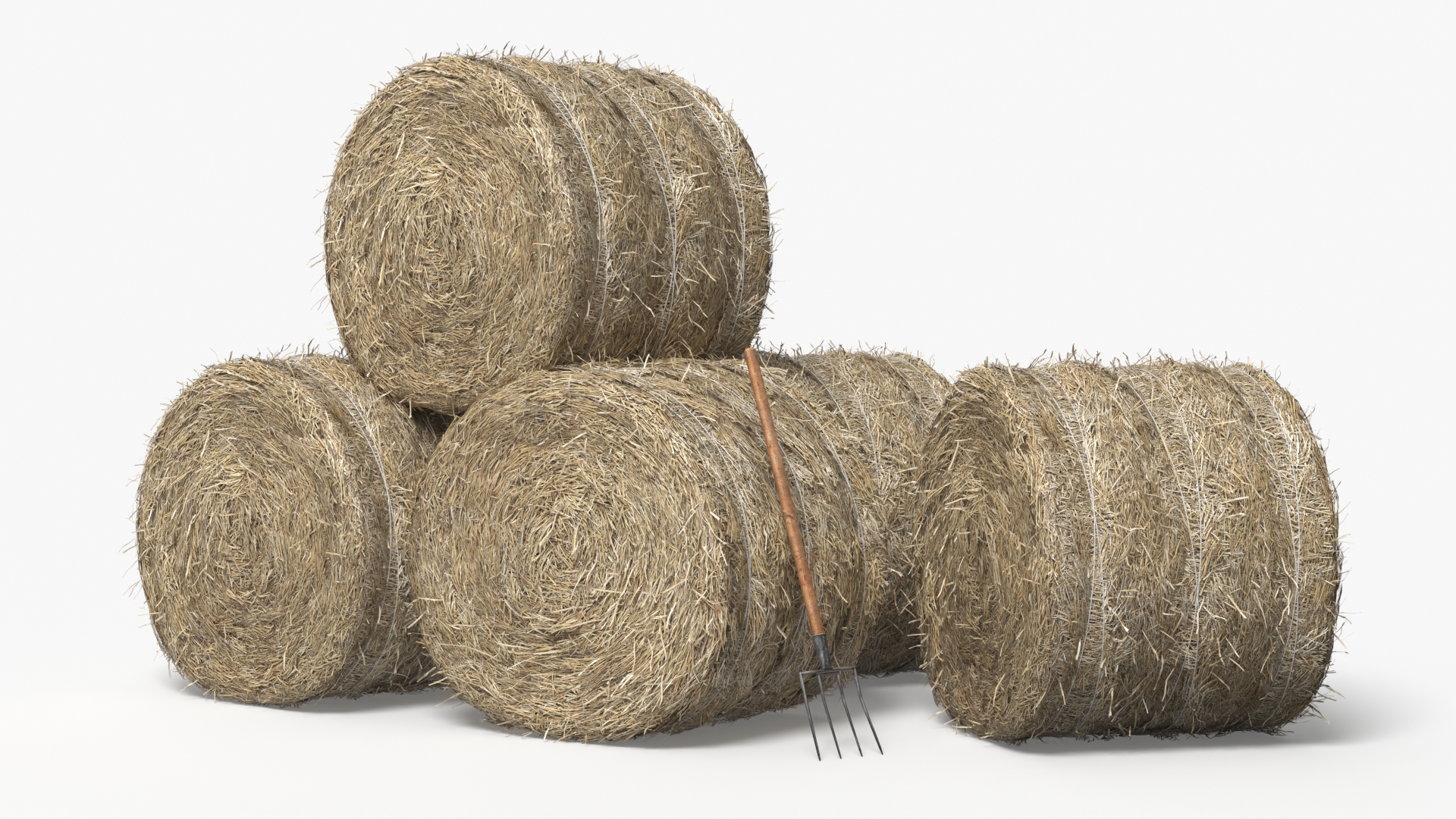 Round Hay Bales Stack with Pitchfork Golden Brown - view 2