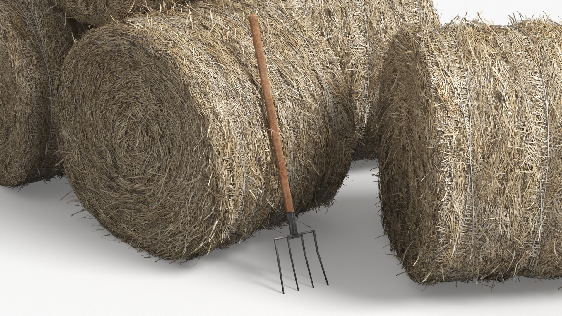 Round Hay Bales Stack with Pitchfork Golden Brown - view 3