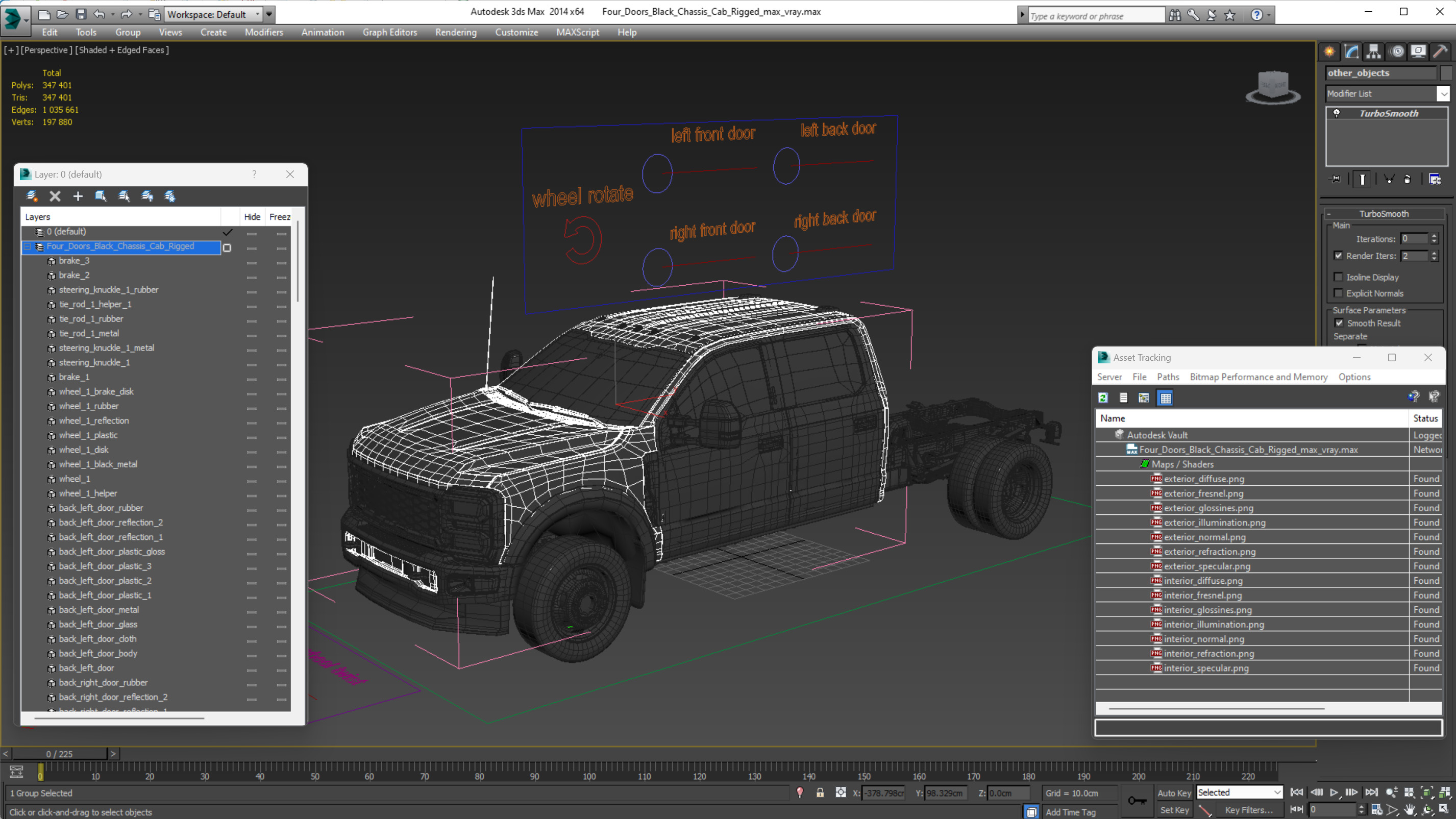Four Doors Black Chassis Cab Rigged for Cinema 4D 3D model