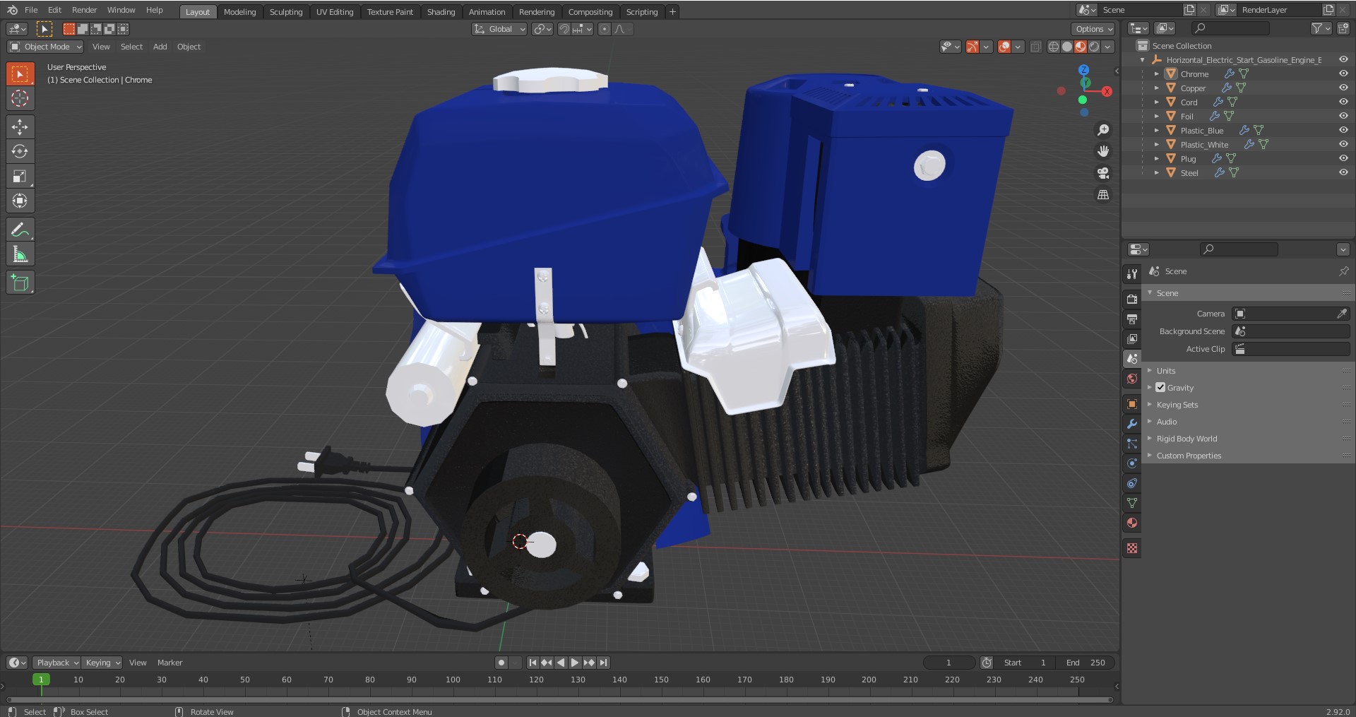 3D Horizontal Electric Start Gasoline Engine Blue