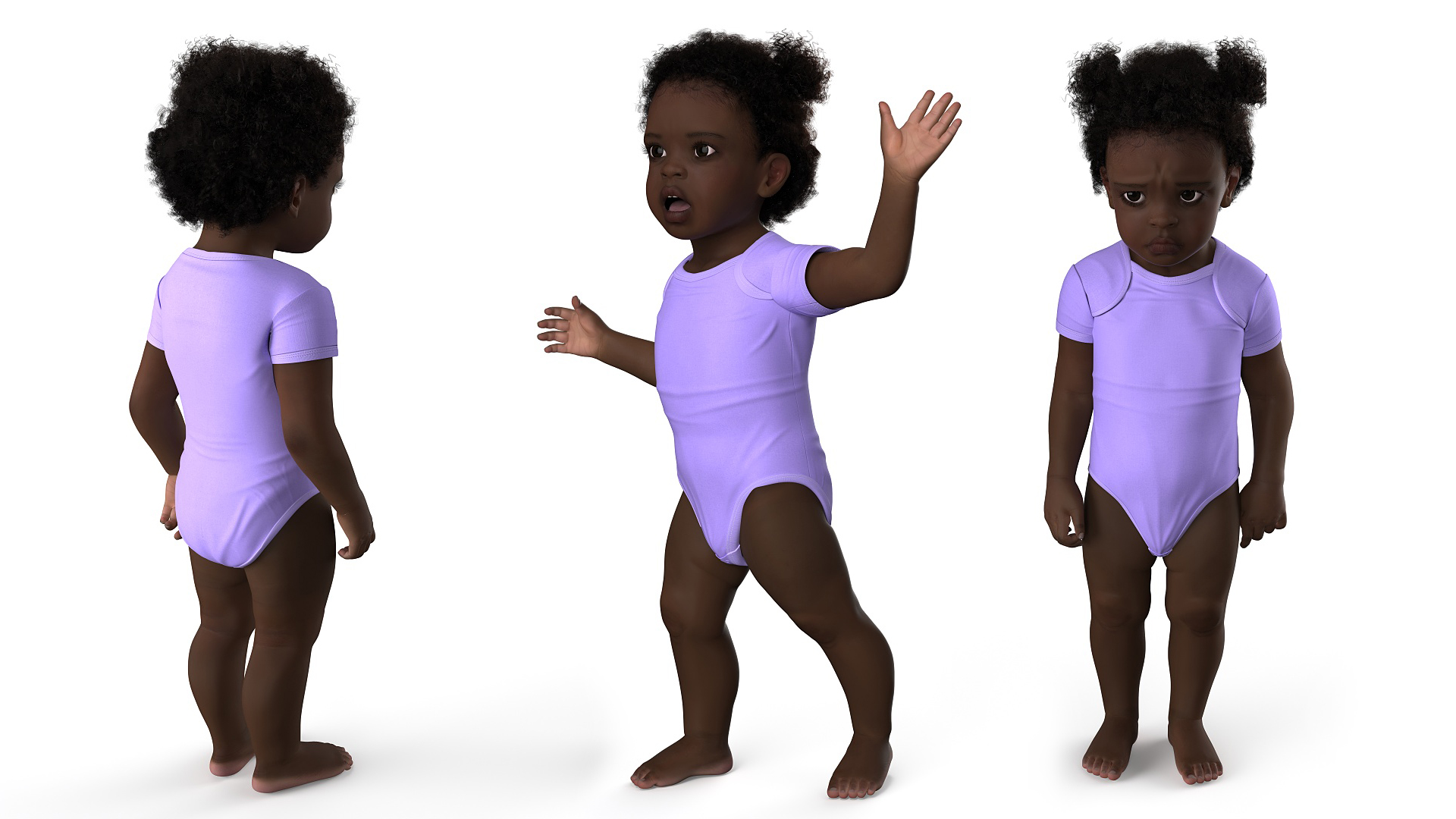3D One Year Old Black Girl in Bodysuit Fur Rigged