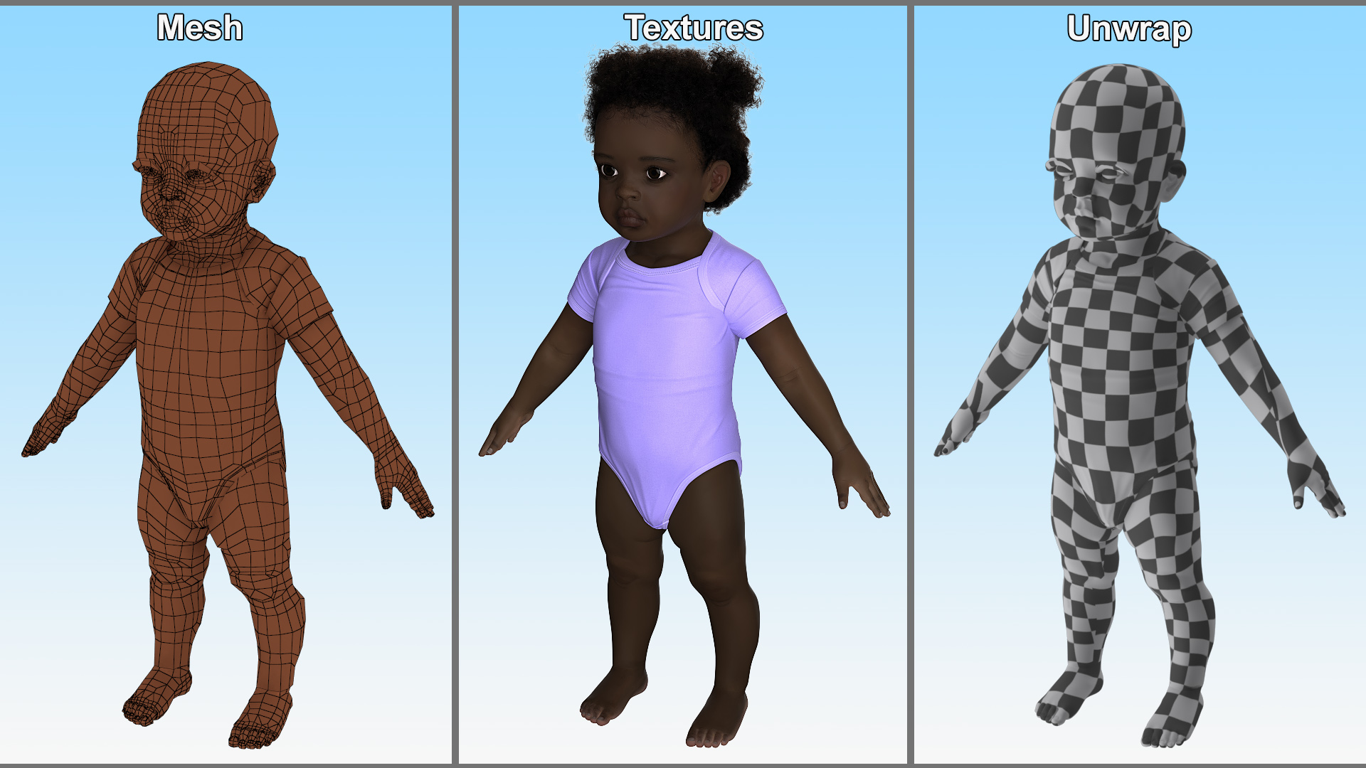 3D One Year Old Black Girl in Bodysuit Fur Rigged