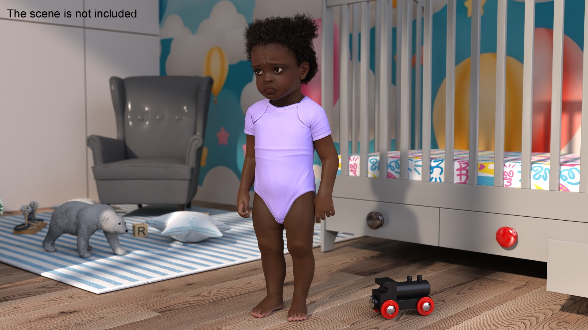 3D One Year Old Black Girl in Bodysuit Fur Rigged