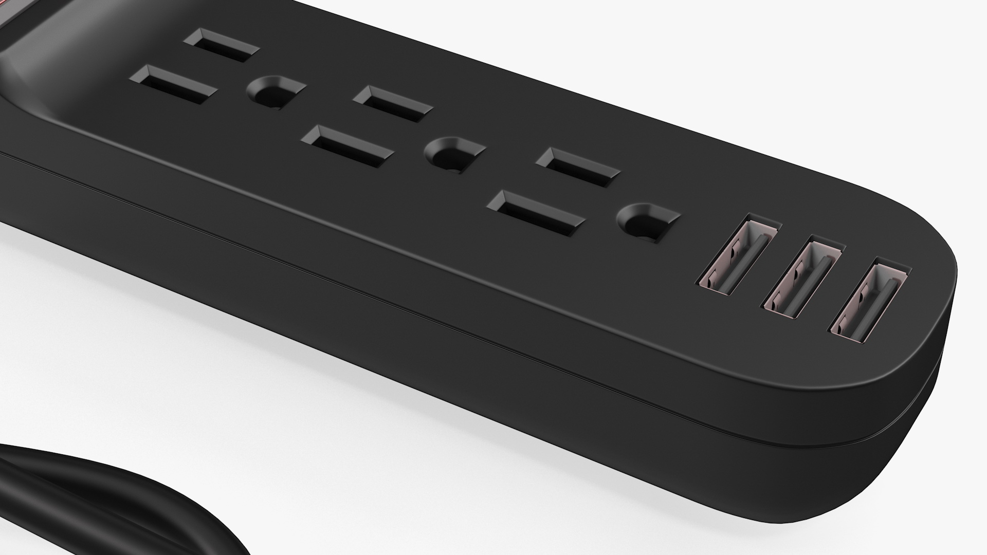 3 Outlets Smart Black Mini Power Strip with USB 3D