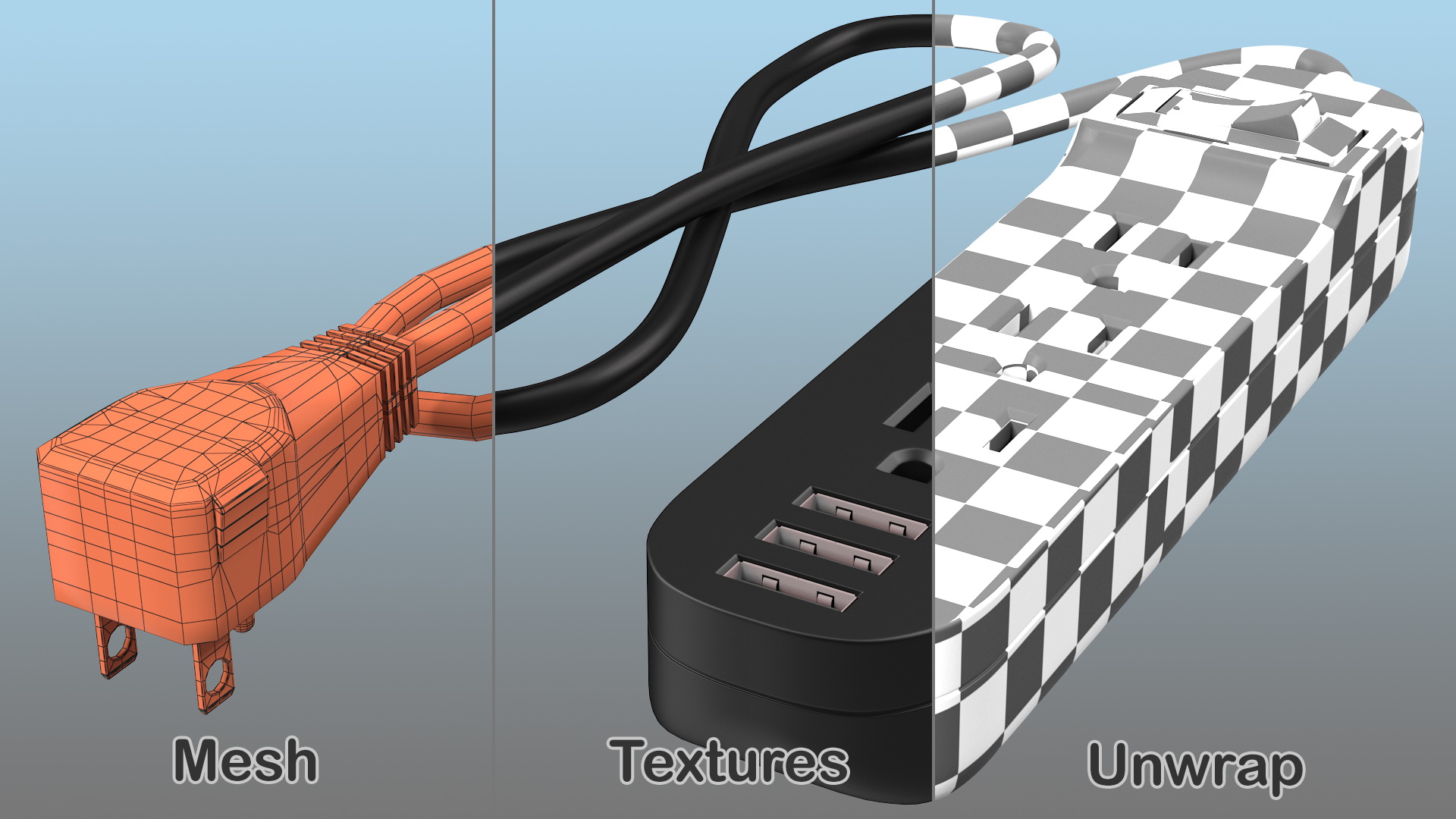 3 Outlets Smart Black Mini Power Strip with USB 3D