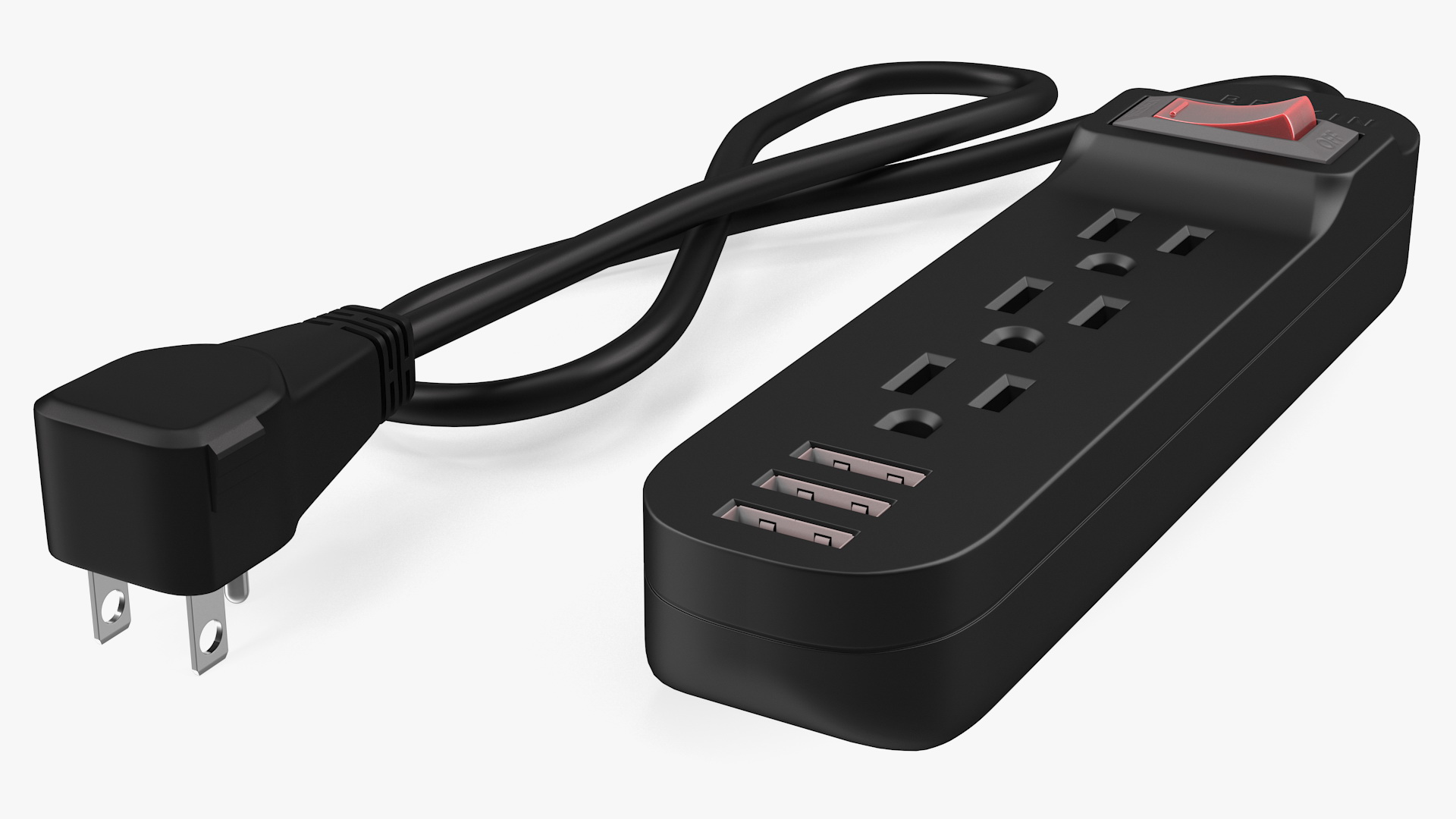 3 Outlets Smart Black Mini Power Strip with USB 3D