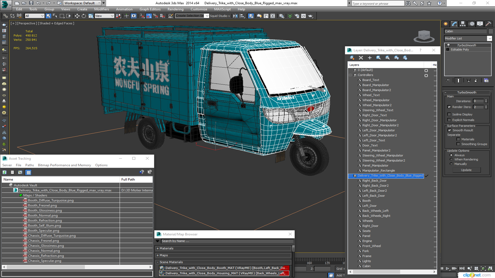 Delivery Trike with Close Body Blue Rigged 3D