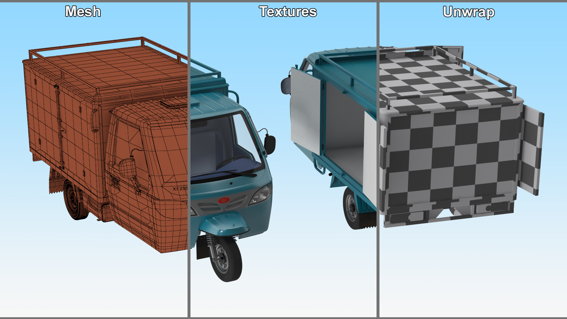 Delivery Trike with Close Body Blue Rigged 3D