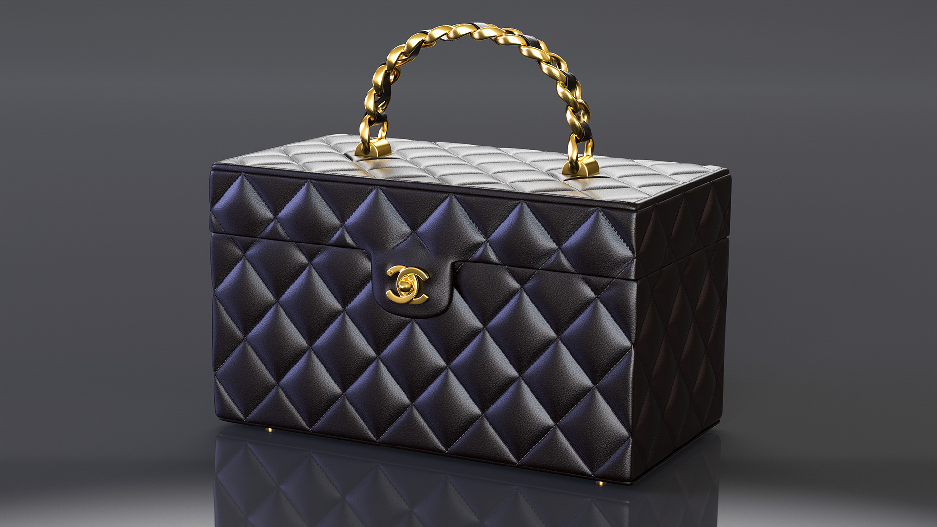 3D Chanel Vintage Black Quilted Lambskin Cosmetic Bag Train Case