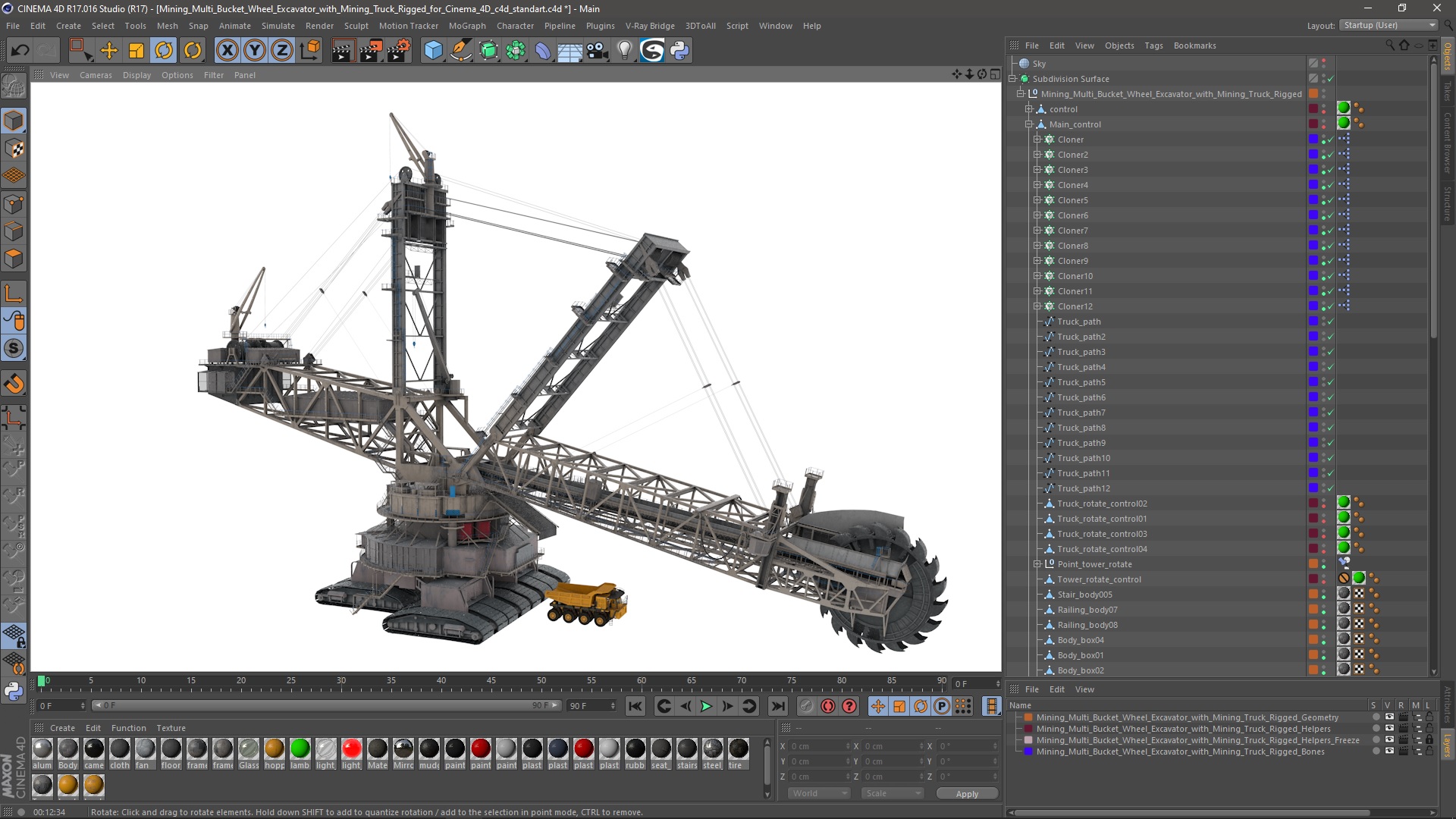 Mining Multi Bucket Wheel Excavator with Mining Truck Rigged for Cinema 4D 3D model