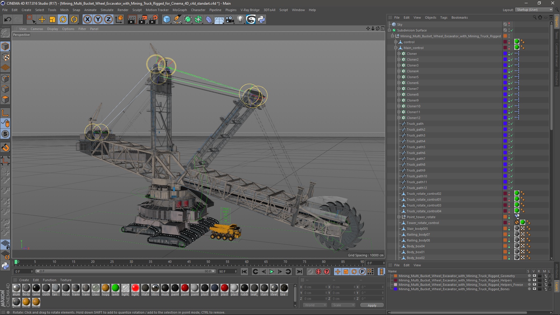 Mining Multi Bucket Wheel Excavator with Mining Truck Rigged for Cinema 4D 3D model