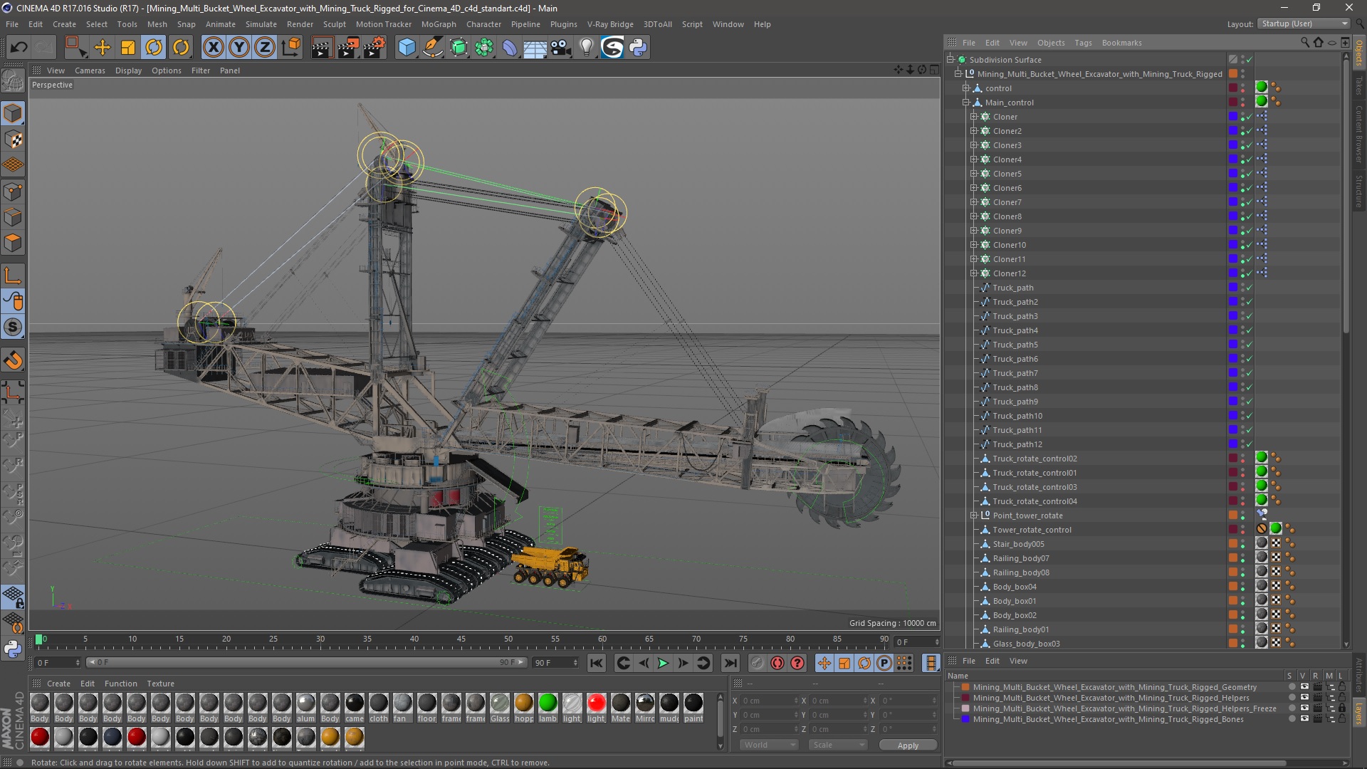 Mining Multi Bucket Wheel Excavator with Mining Truck Rigged for Cinema 4D 3D model