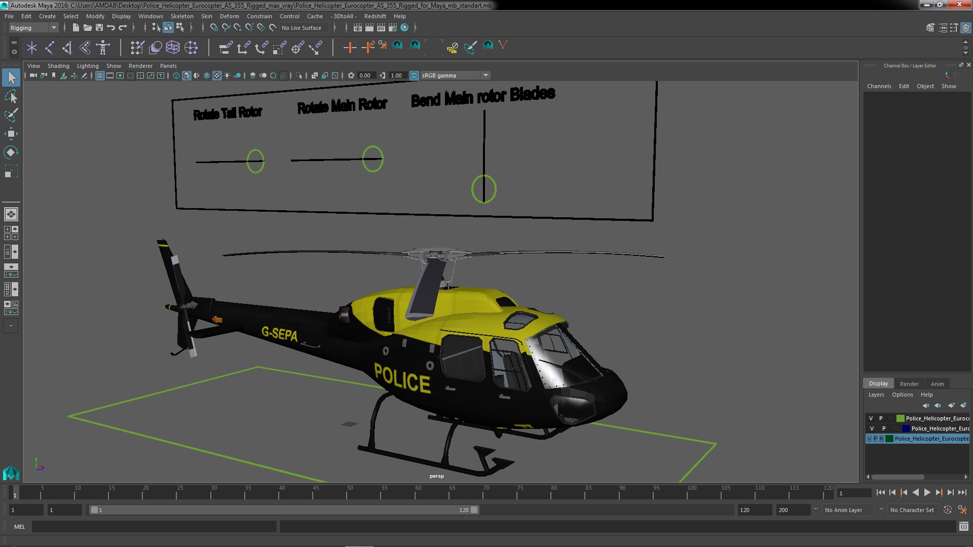 3D Police Helicopter Eurocopter AS 355 Rigged for Maya