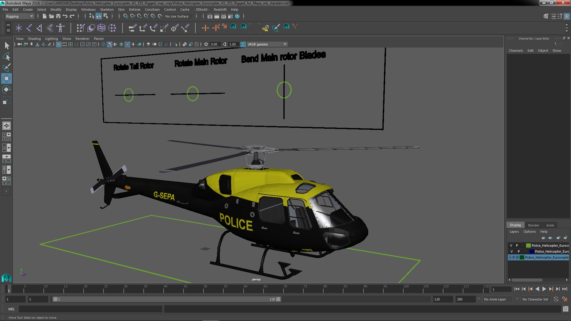 3D Police Helicopter Eurocopter AS 355 Rigged for Maya
