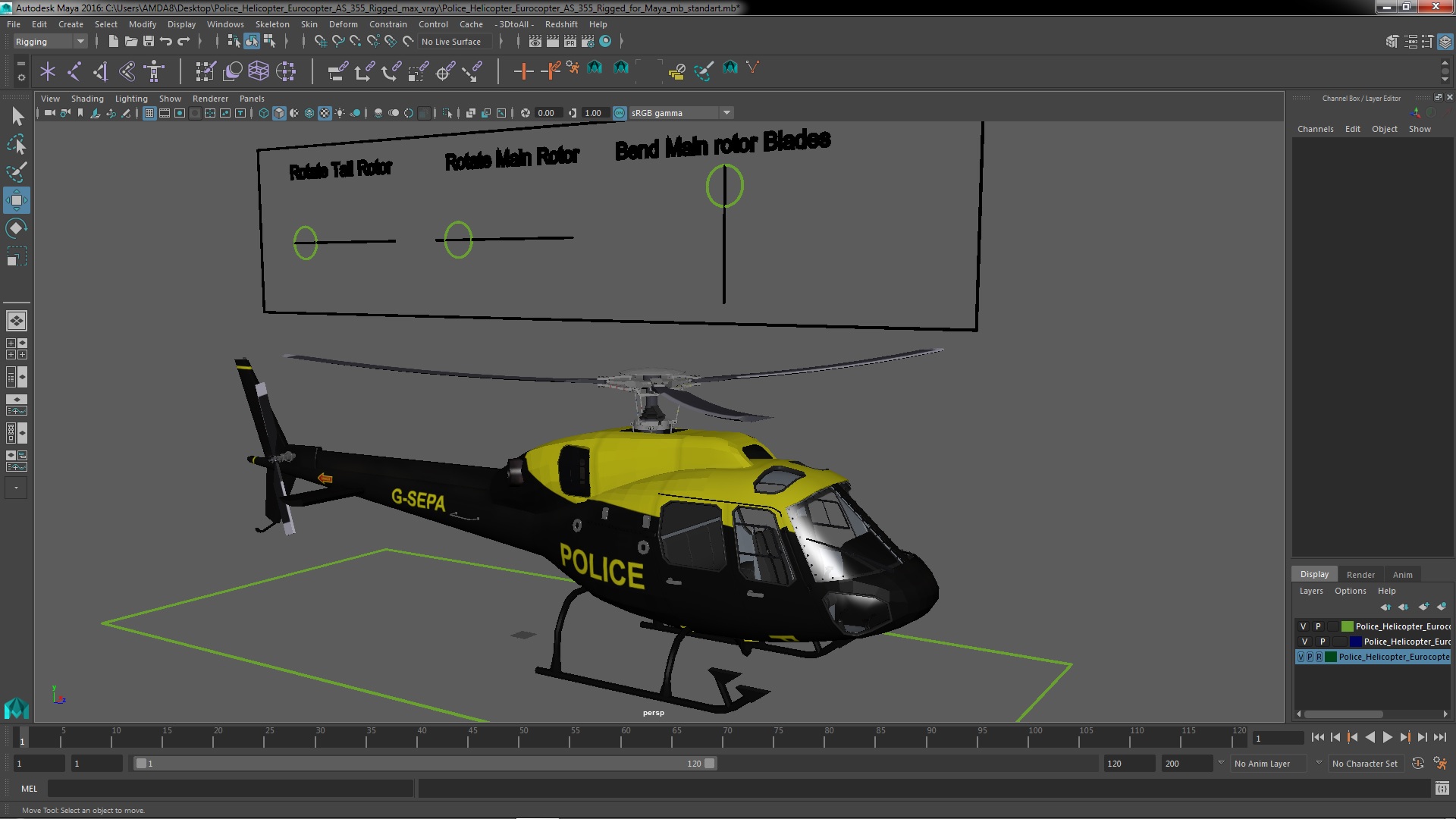 3D Police Helicopter Eurocopter AS 355 Rigged for Maya