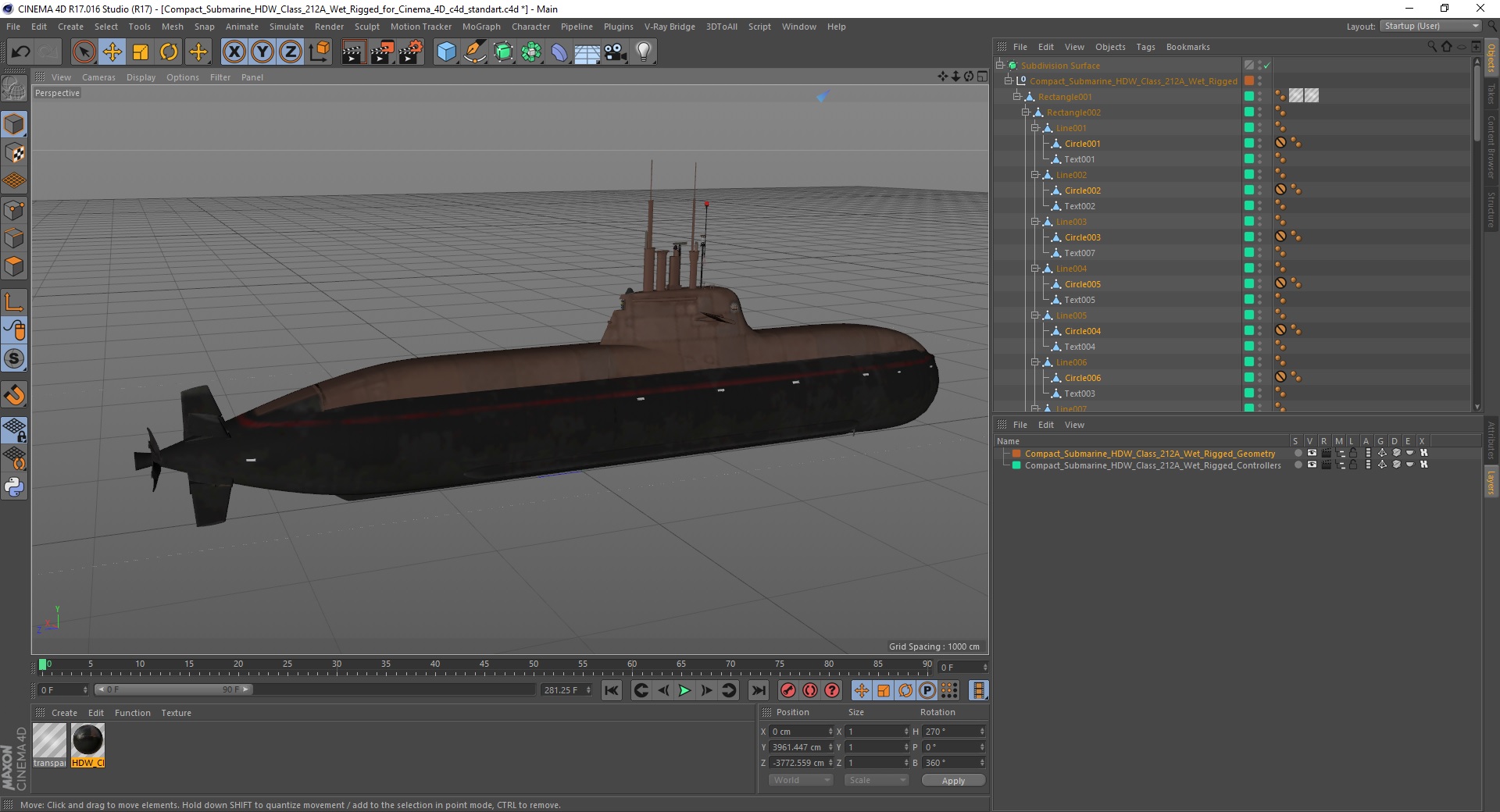 Compact Submarine HDW Class 212A Wet Rigged for Cinema 4D 3D