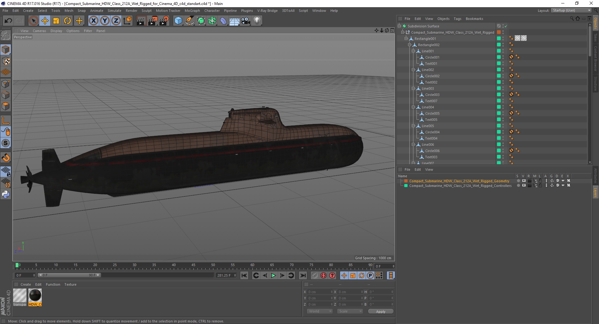 Compact Submarine HDW Class 212A Wet Rigged for Cinema 4D 3D