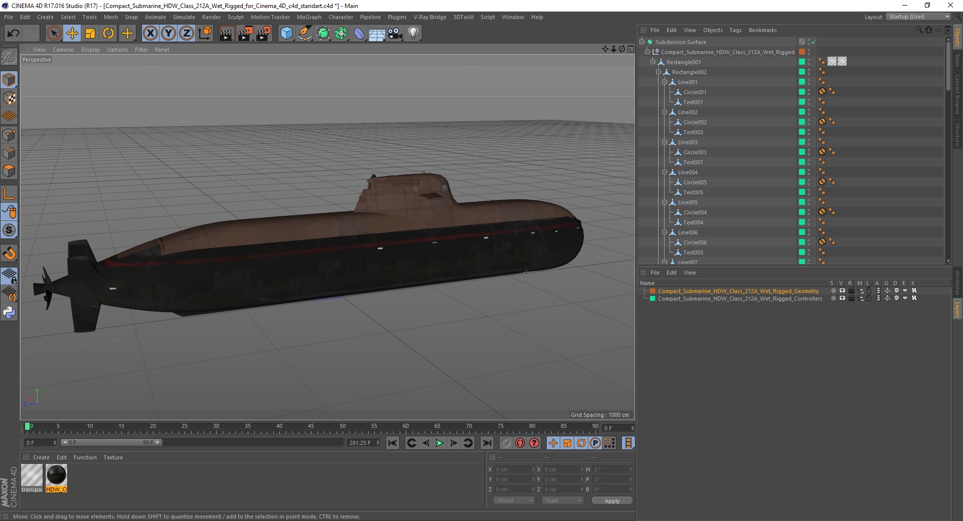 Compact Submarine HDW Class 212A Wet Rigged for Cinema 4D 3D